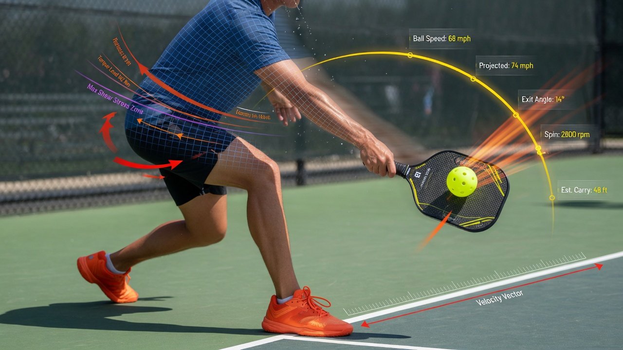 A dynamic baseline player unleashes a high-velocity drive using a composite fiberglass pickleball paddle, emphasizing kinetic power.