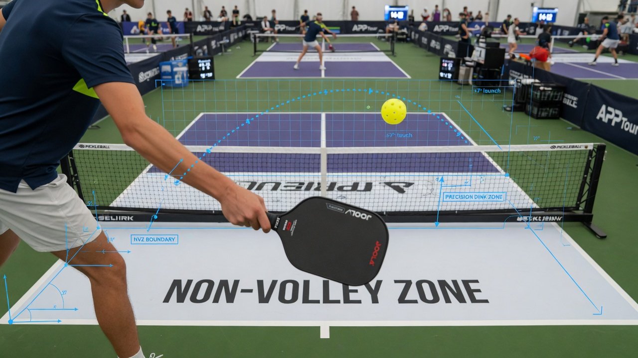 A focused pickleball player uses a graphite paddle to execute a precise dink shot at the kitchen line with technical trajectory lines.