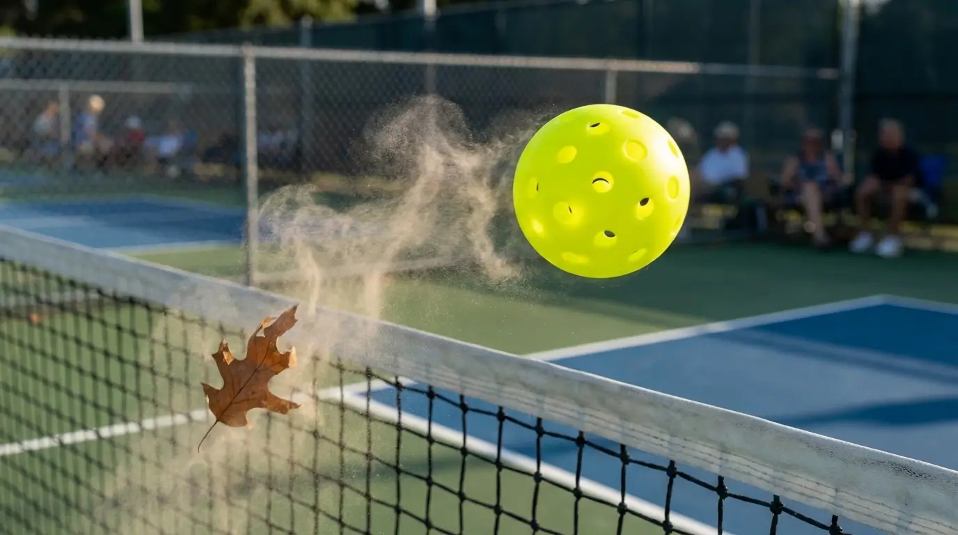 High-speed photo showing a stable, heavy-weight 40-hole outdoor pickleball cutting accurately through a windy court environment.