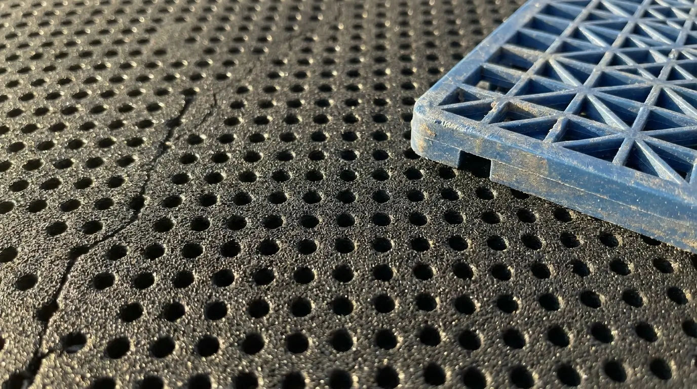 A detailed view of breathable rubber underlayment installed over a driveway to silence sport tiles.