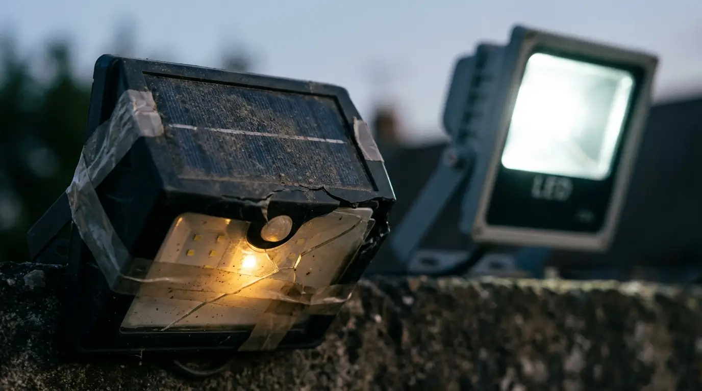 Comparison of cheap solar floodlight failure vs professional LED durability.
