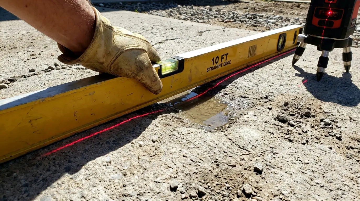 A master coach uses a 10-foot straightedge to find unlevel dips in a concrete driveway surface.