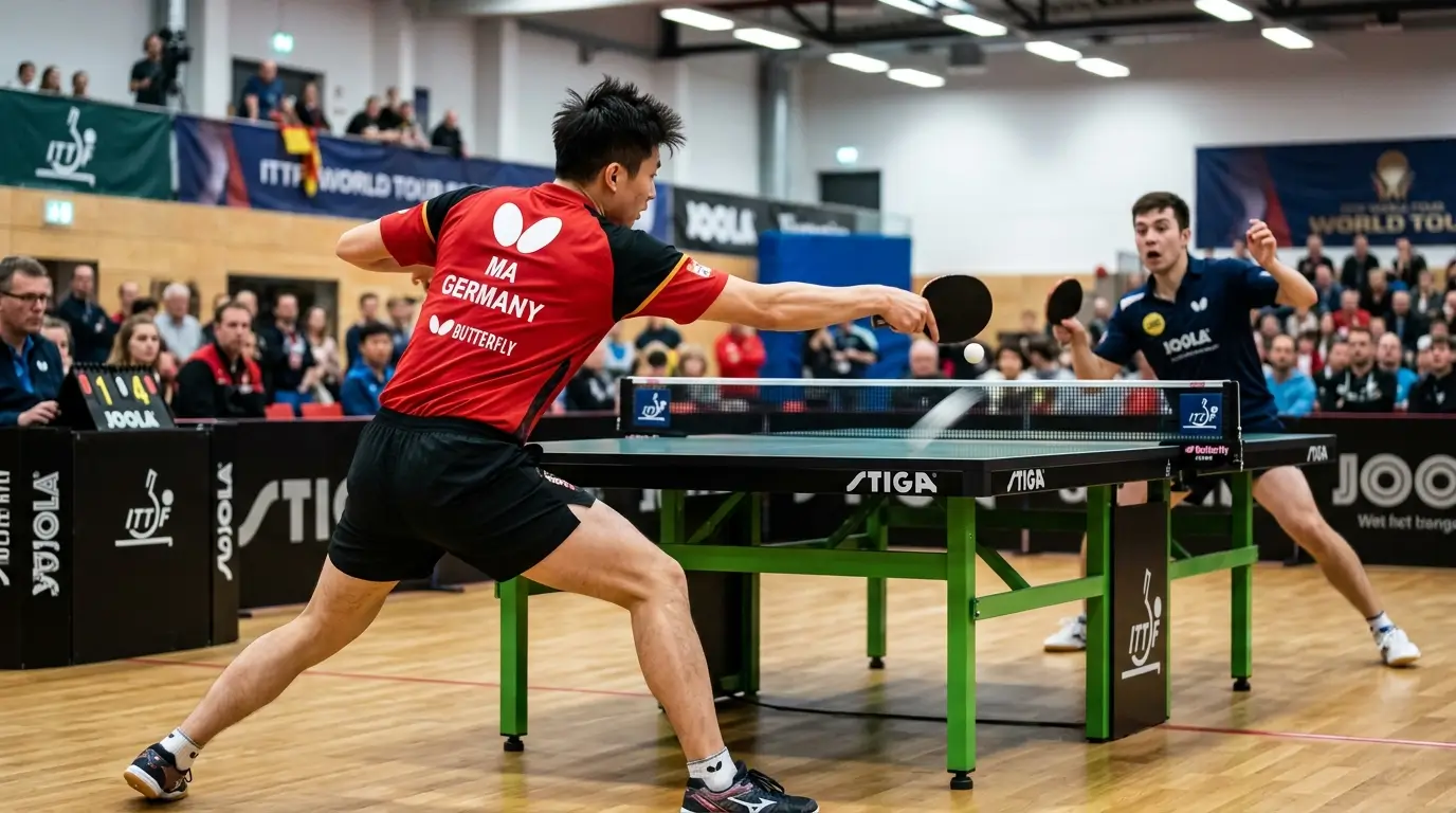 A table tennis player confidently executing an offensive counter-loop after successfully reading the opponent's spin.