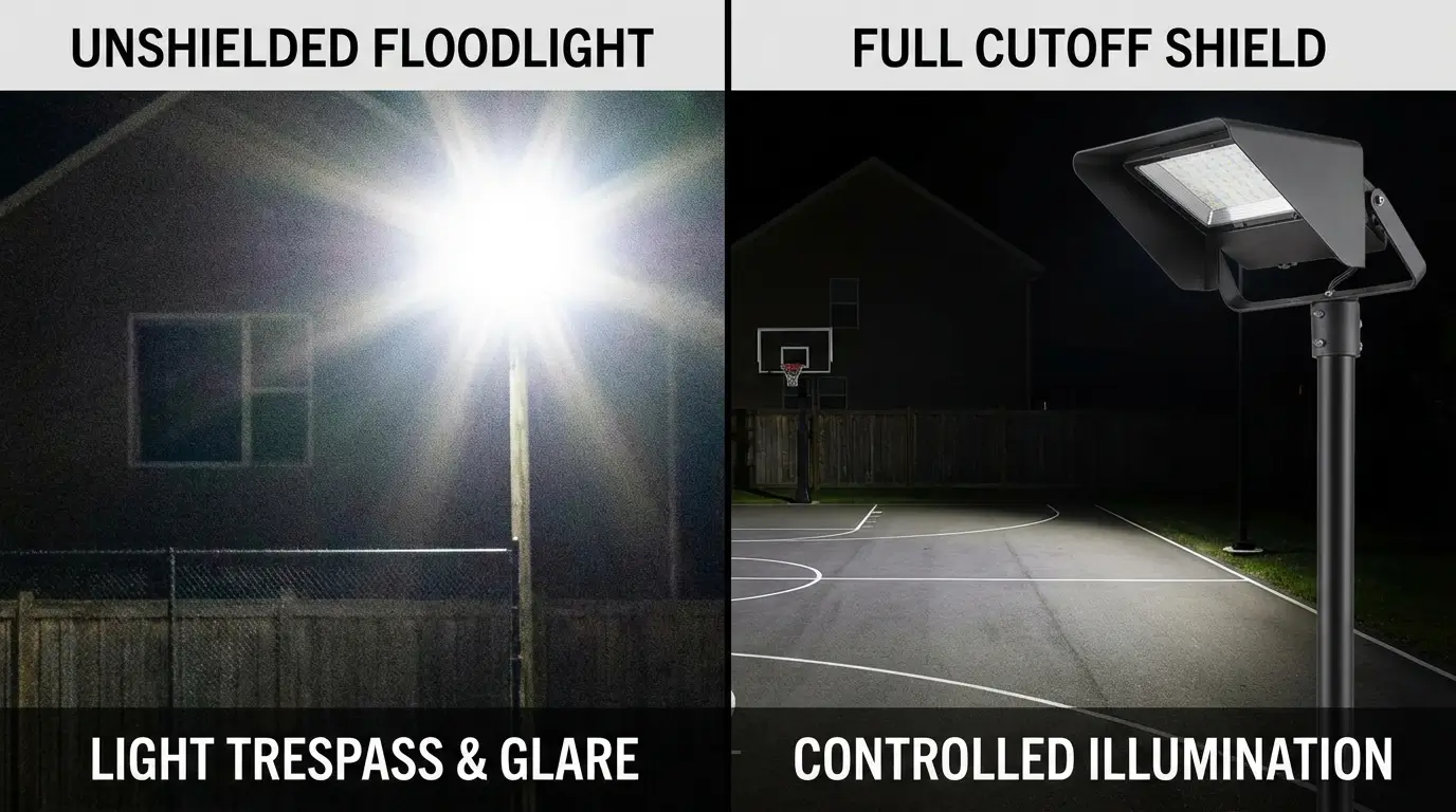 Light trespass and glare control using NEMA beam spreads for court lighting.