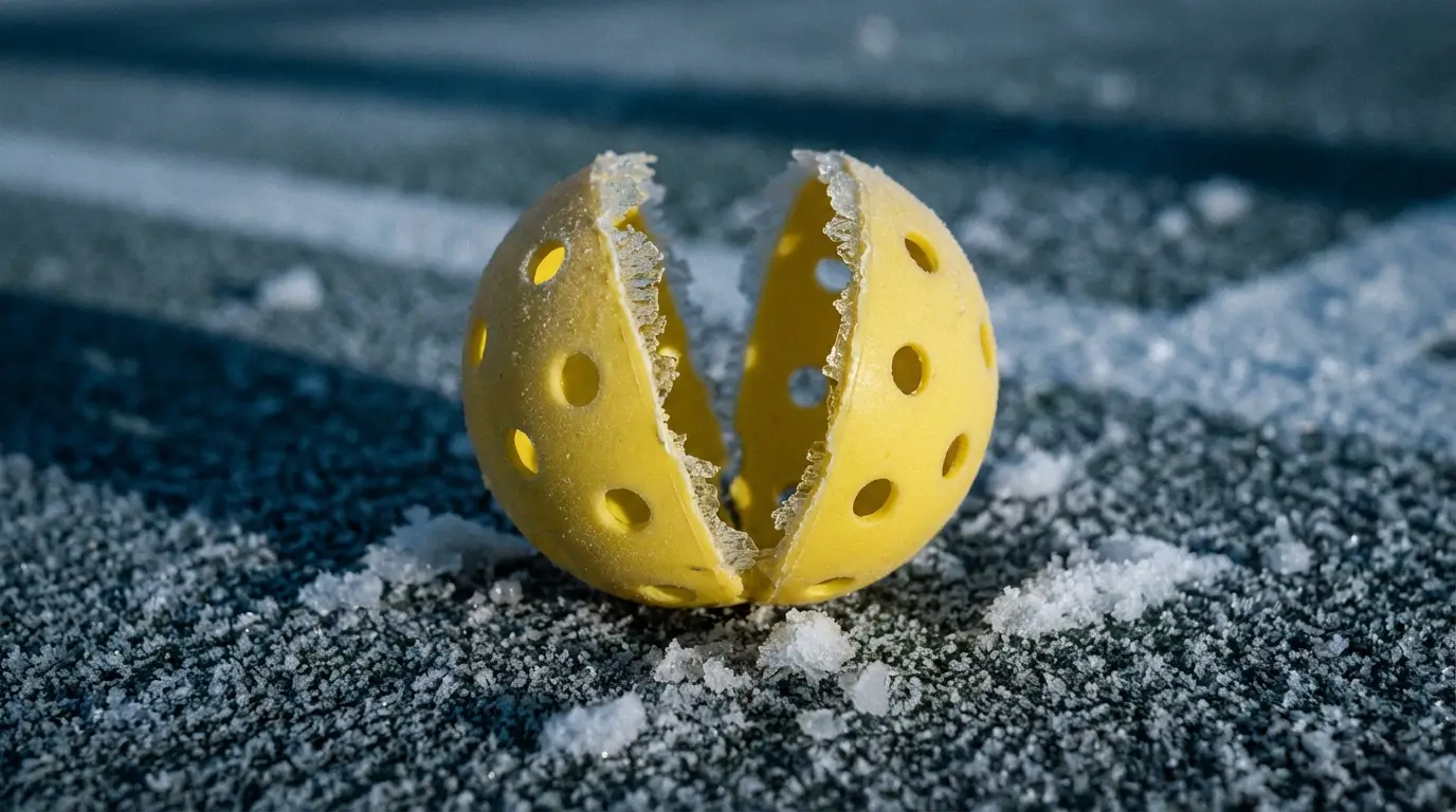 A macro photograph of a hard plastic outdoor pickleball split completely in half along the seam after failure on an icy court.