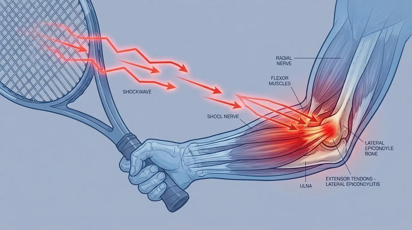 An anatomical illustration demonstrating how kinetic shock from a dead tennis string bed travels up the racket shaft and damages the tendons in the elbow, causing tennis elbow.