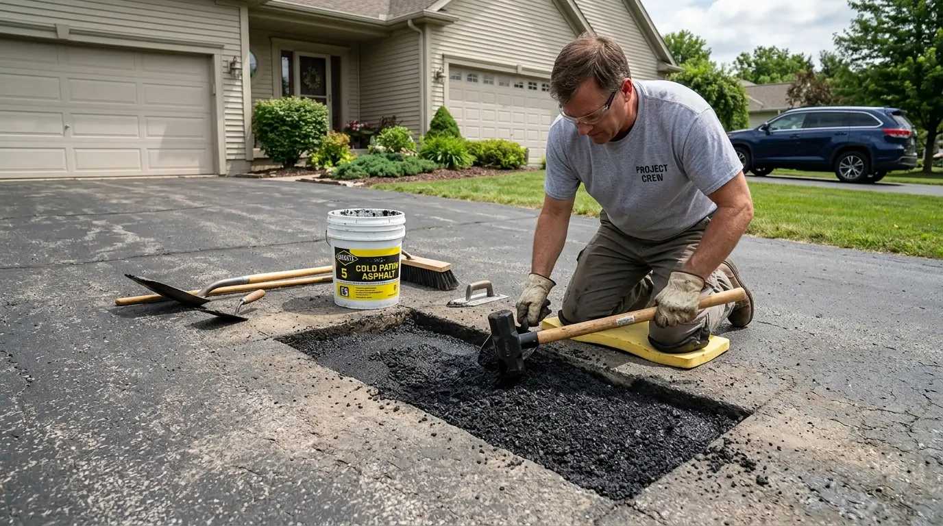Filling tire ruts in an asphalt driveway before laying court tiles.