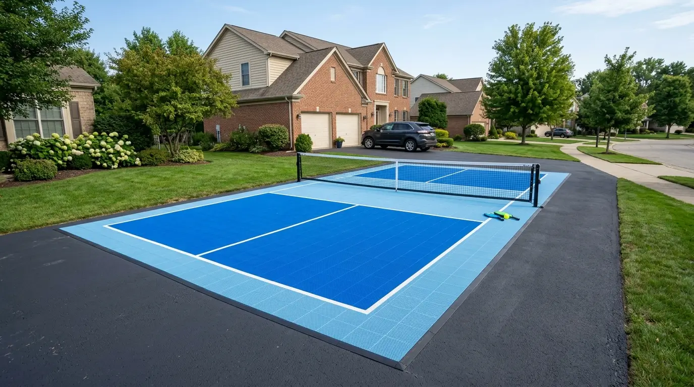 A perfectly flat, fully installed interlocking sport tile court on a driveway.