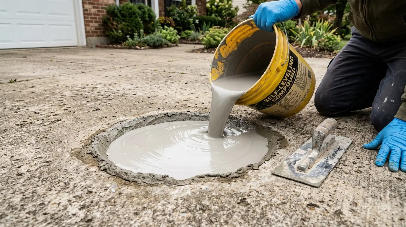 Pouring concrete leveling compound to fix an uneven driveway surface for sport tiles.