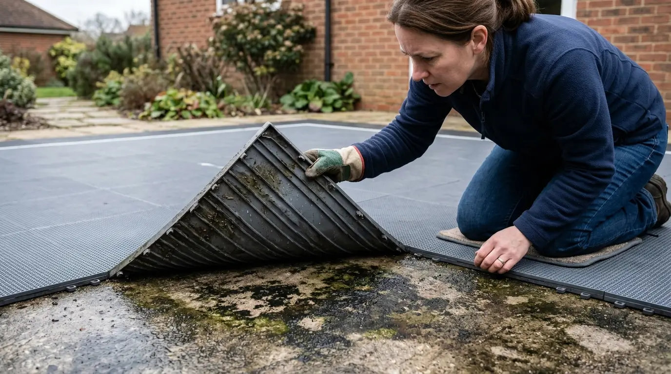Moisture trapped under solid-backed sport tiles on a flat driveway.