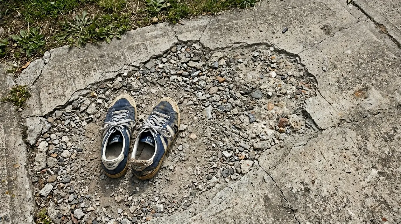 Severe spalling and flaking concrete on an aged driveway