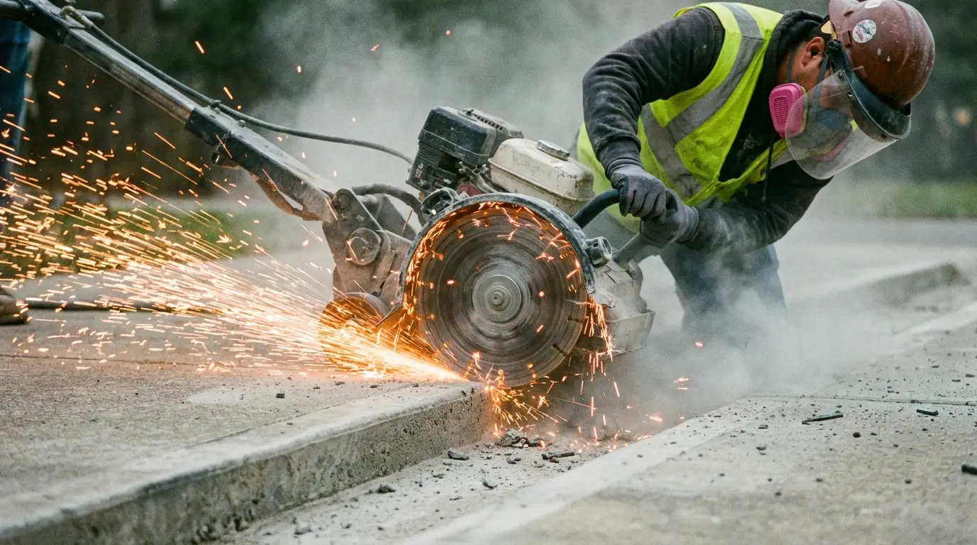Operating a concrete grinder to smooth a lipped expansion joint on a driveway before tiling.