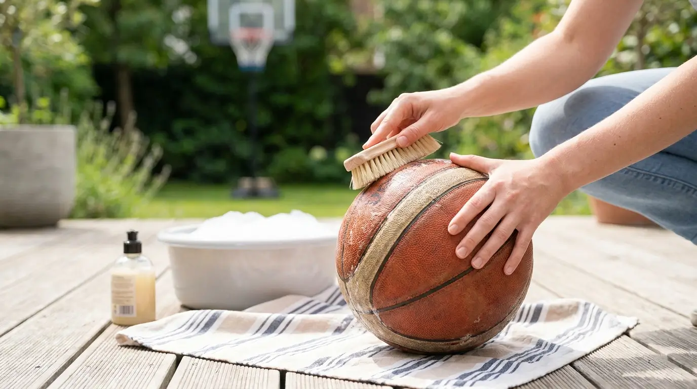 Washing a composite leather outdoor basketball with mild soap to restore grip tackiness.