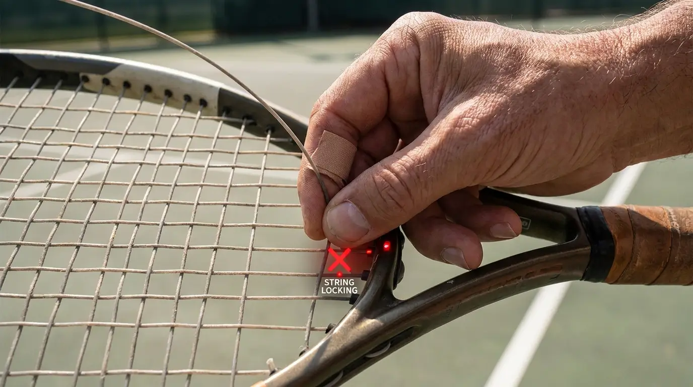 A close-up view of a coach performing the diagnostic snap test on a tennis racket, showing how dead strings lock into notches and fail to snap back.