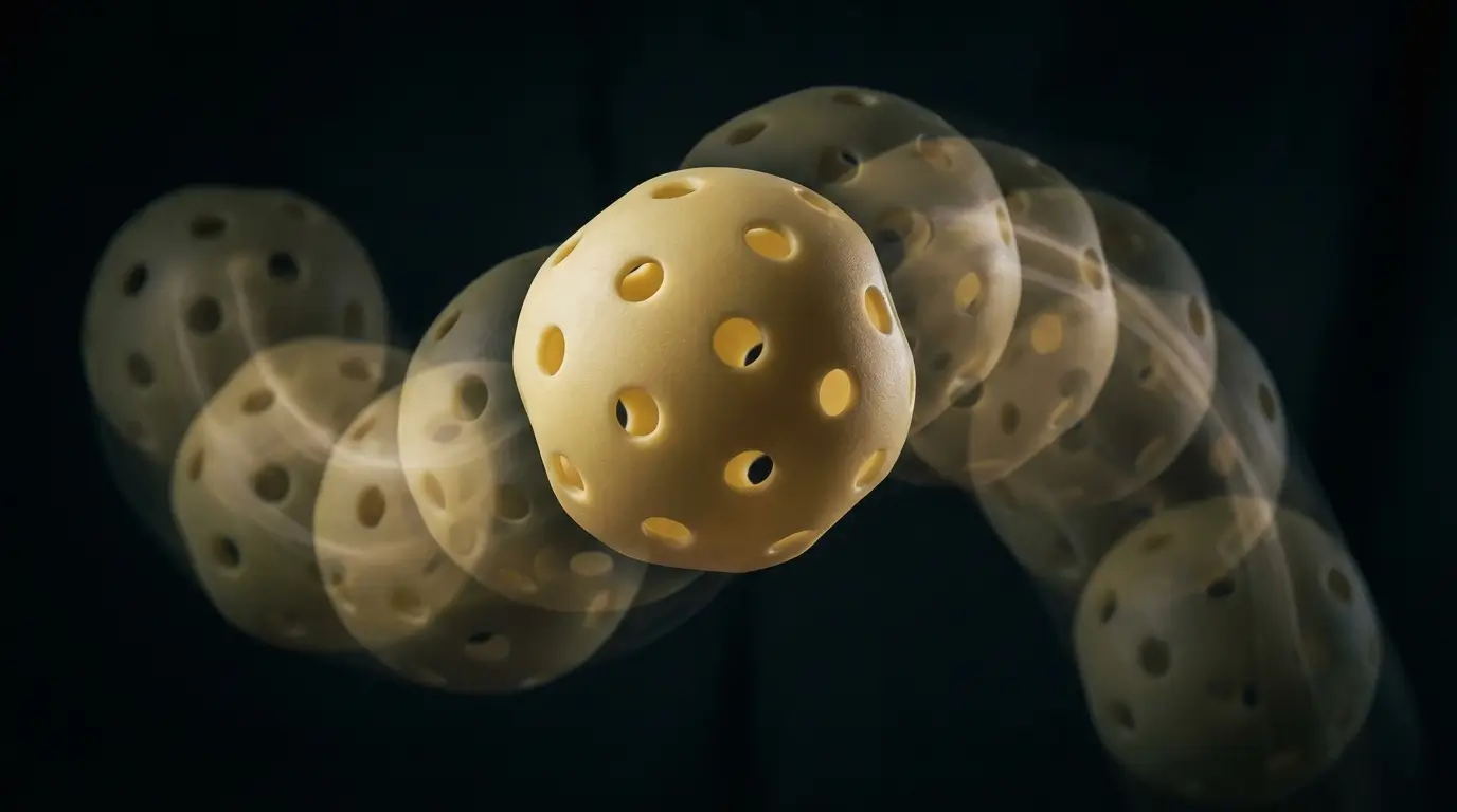 A conceptual slow-motion visualization showing a structurally dead, out-of-round indoor pickleball wobbling during its flight spin.