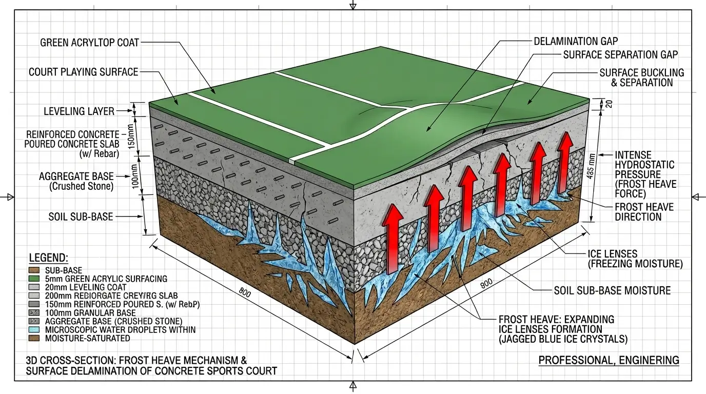 3D diagram demonstrating how hydrostatic pressure from freezing water causes surface delamination on hardcourts.