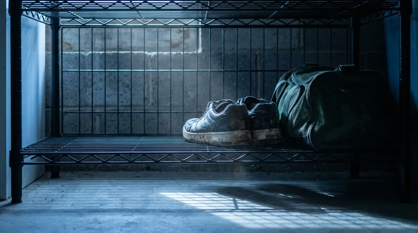 Close-up of high-performance court shoes and gear bags stored on heavy-duty wire shelving in a garage, demonstrating 360-degree passive airflow to prevent moisture buildup and material rot.