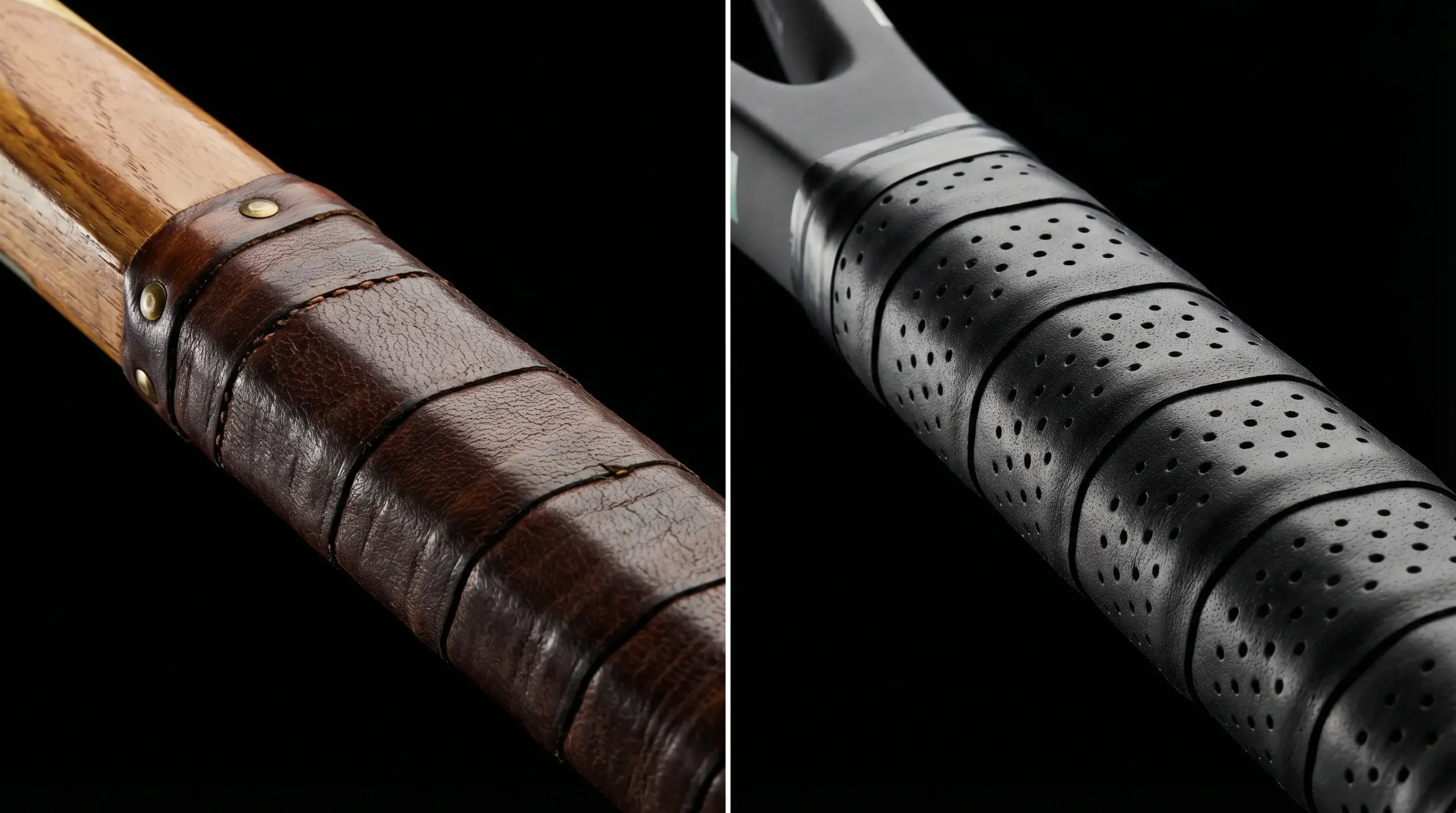 Comparing a firm brown leather tennis replacement grip with a cushioned black synthetic grip for vibration damping.