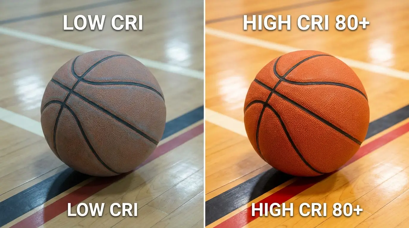 CRI comparison showing how high-quality LED light improves ball visibility.
