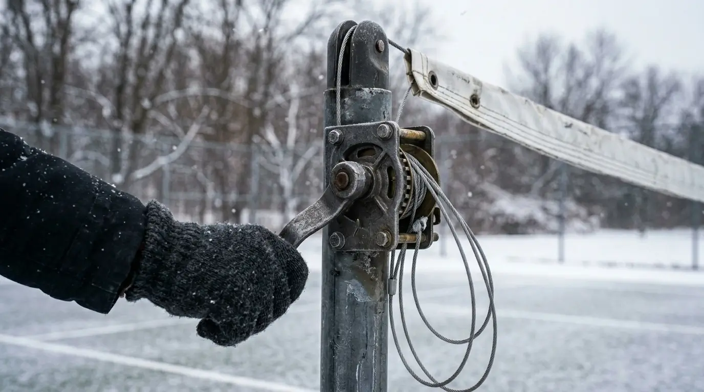 Loosening the crank on a tennis net post to prevent thermal contraction damage during winter.