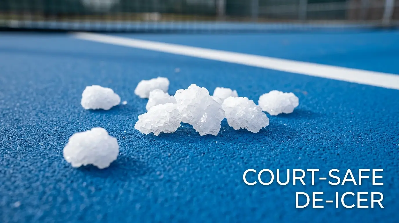 Magnesium chloride pellets used as a safe de-icing agent for acrylic sports court surfaces.