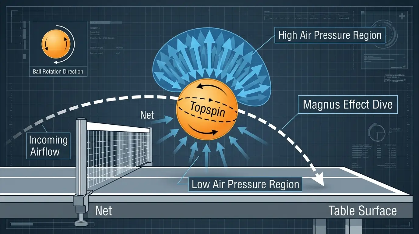 A visual breakdown of the Magnus effect showing how topspin air pressure forces a table tennis ball to dive.