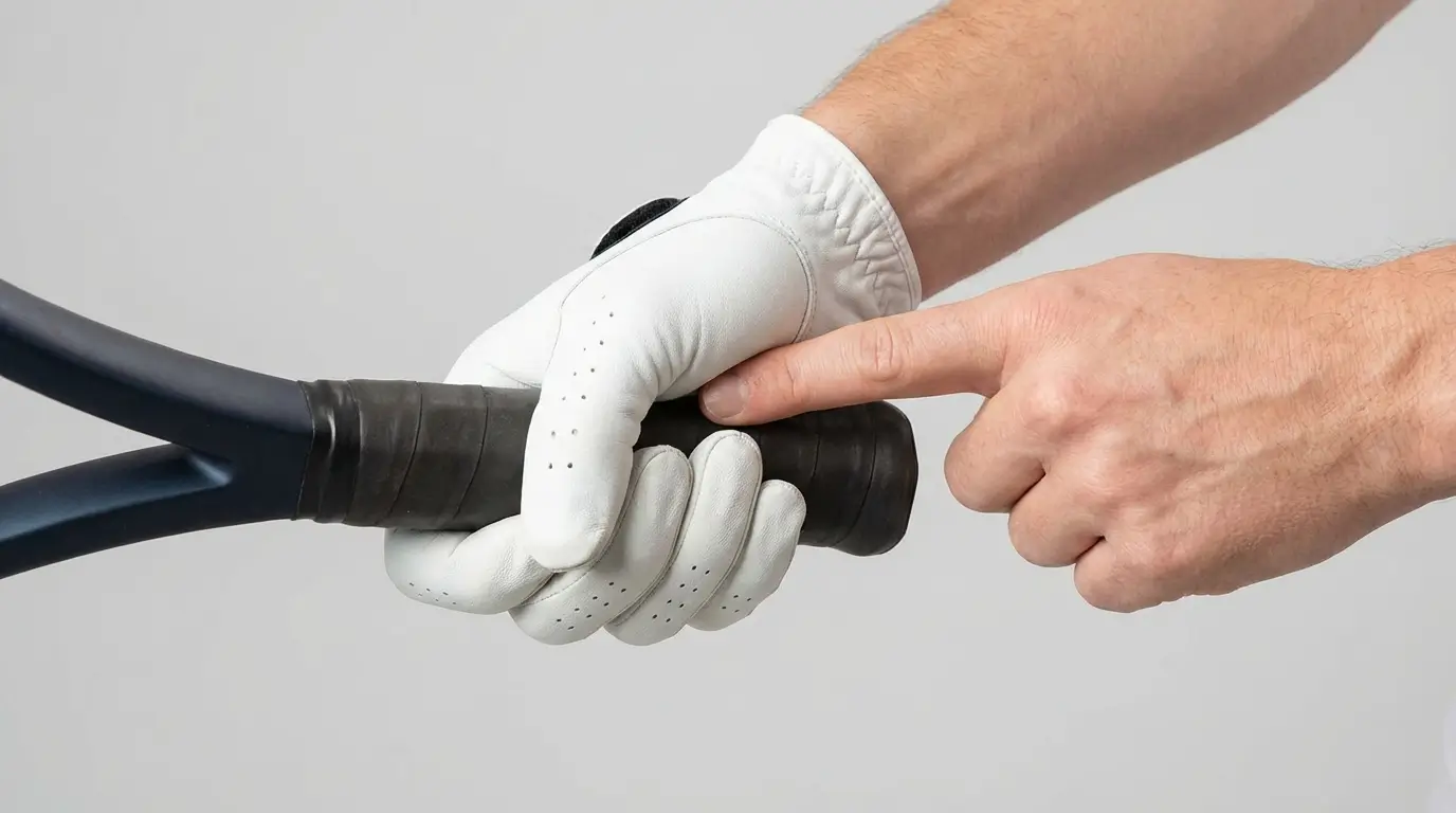 Demonstrating the index finger test to measure proper tennis racket handle circumference.