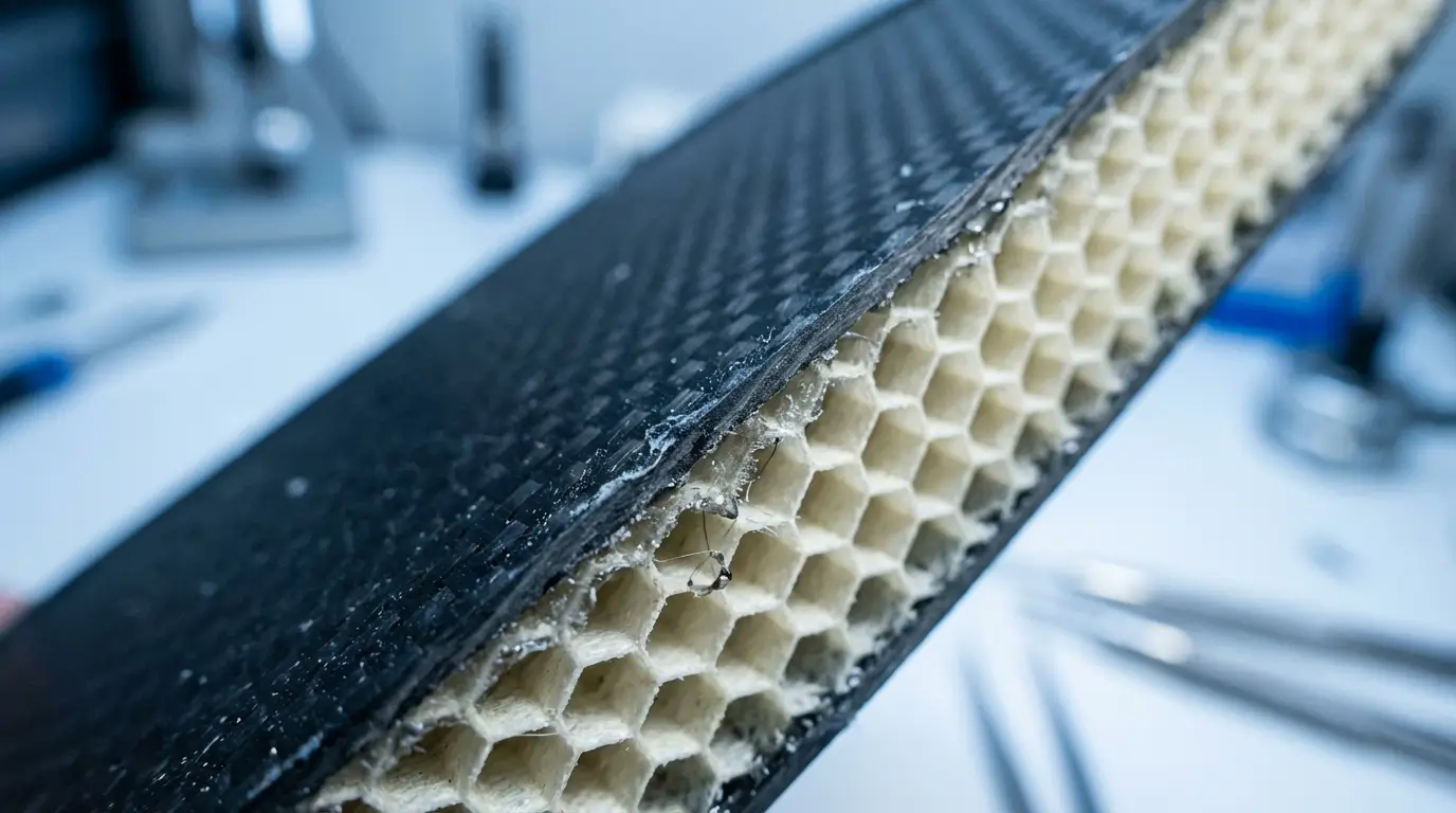 A macroeconomic inspection close-up showing the cross-section of a high-end composite pickleball paddle core. The image reveals the polymer honeycomb cells bonded to the graphite face, visually demonstrating perfect structural adhesive integrity maintained by climate-controlled garage storage.