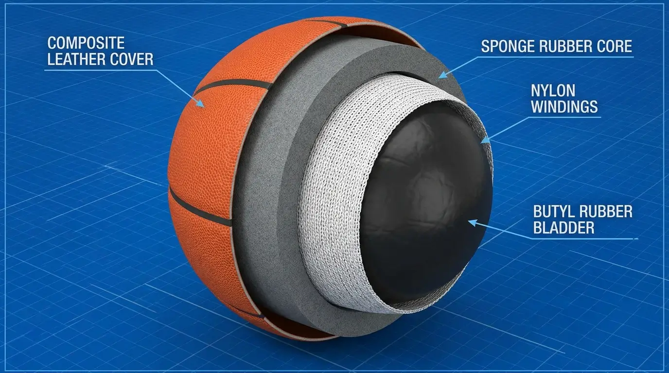 Cross-section showing the butyl rubber bladder, nylon windings, and sponge core of an outdoor basketball.