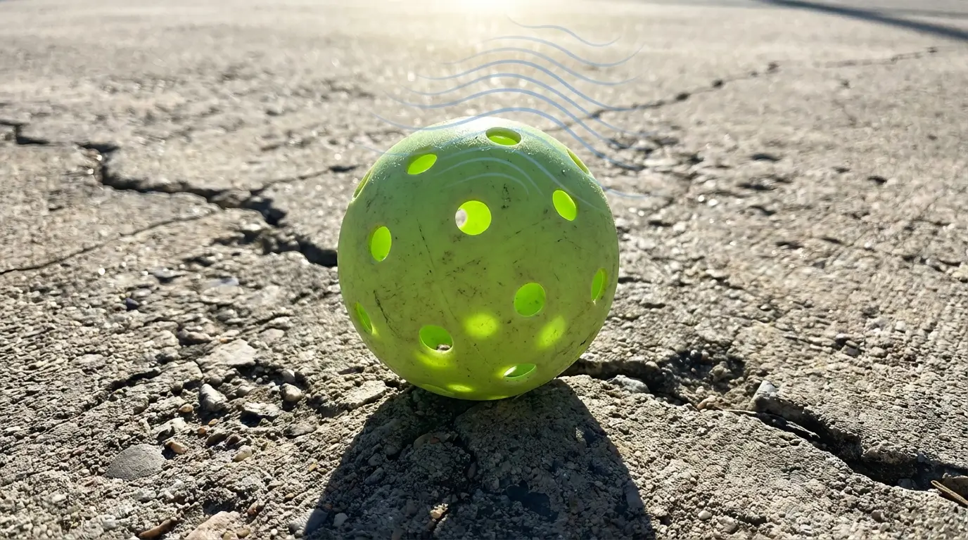 A detailed macro view of a high-density, UV-resistant outdoor pickleball resting on abrasive, sun-drenched cracked concrete.