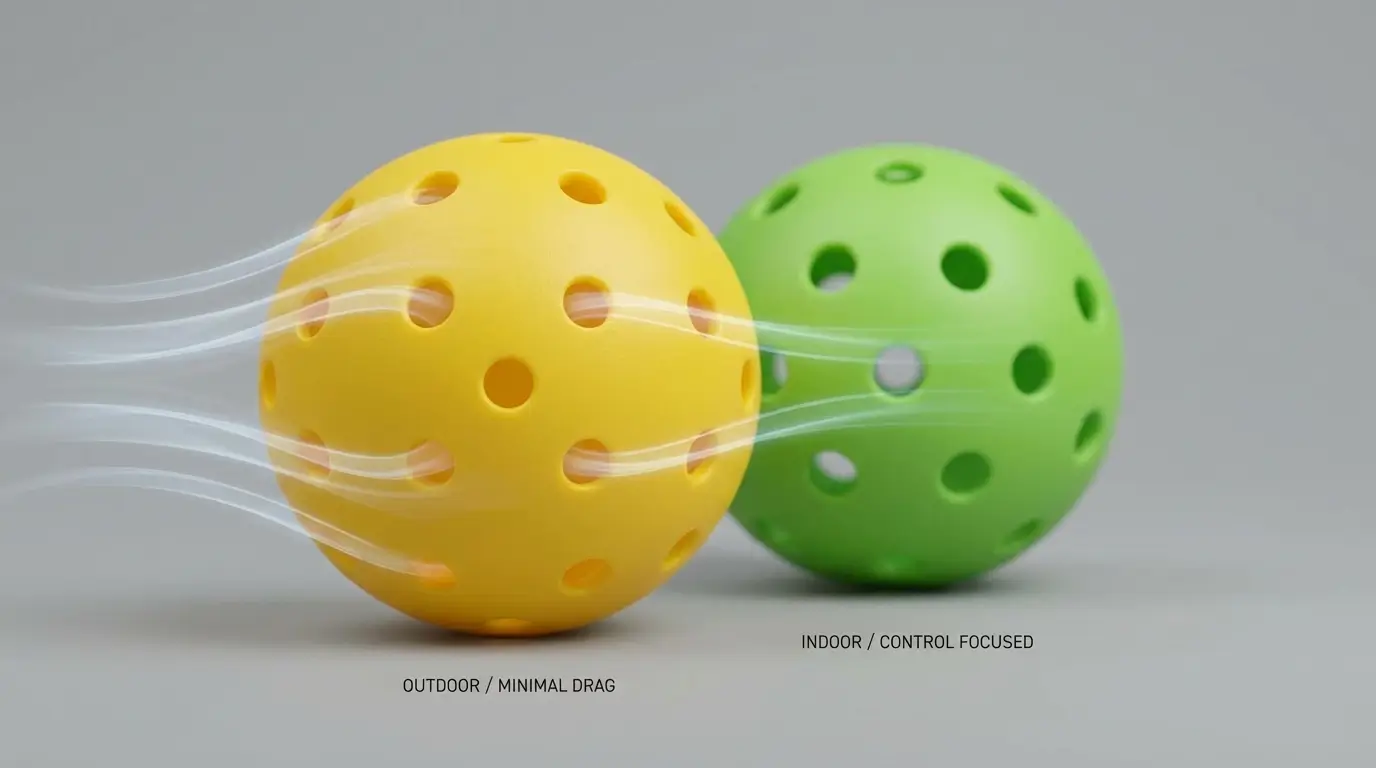 A technical graphic visualizing aerodynamic wind flow management through the 40 small holes of an outdoor pickleball.