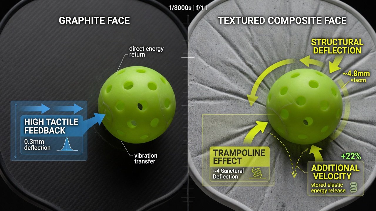 Macro high-speed comparison showing how material science affects ball deflection and kinetic energy transfer in pickleball.