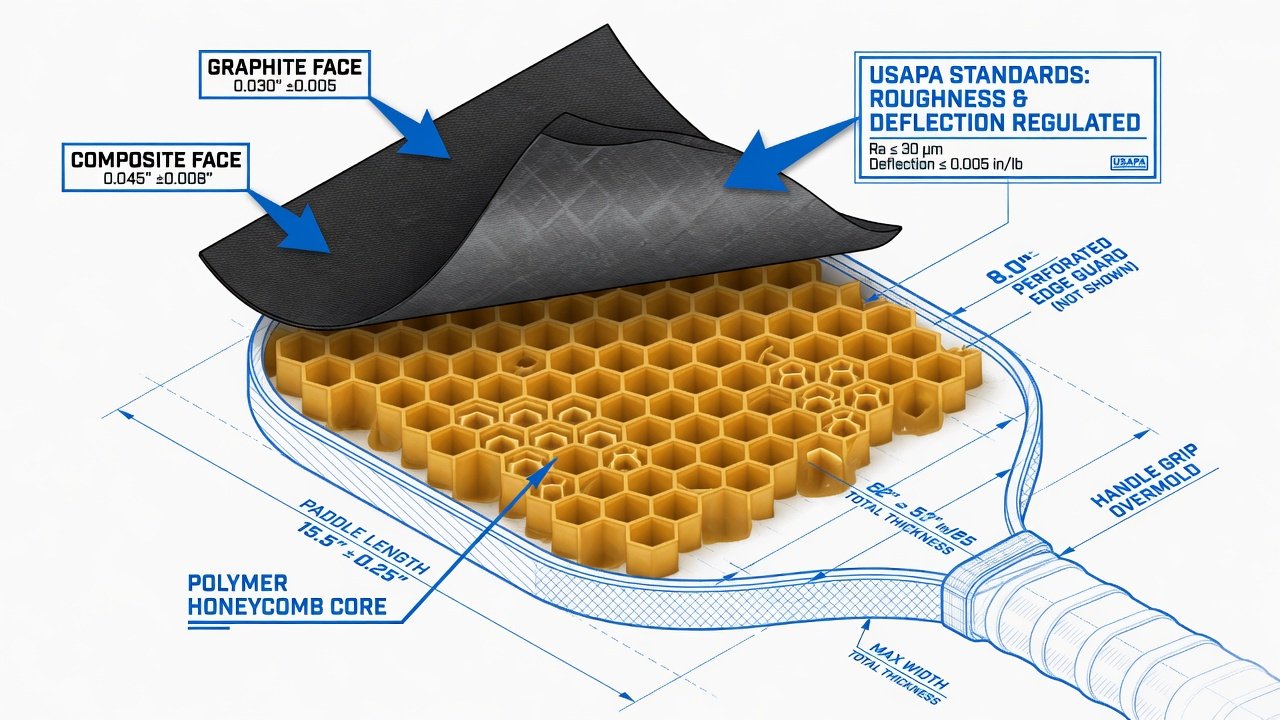 Engineering schematic showing the internal polymer honeycomb core and the surface face layers of a pickleball paddle.