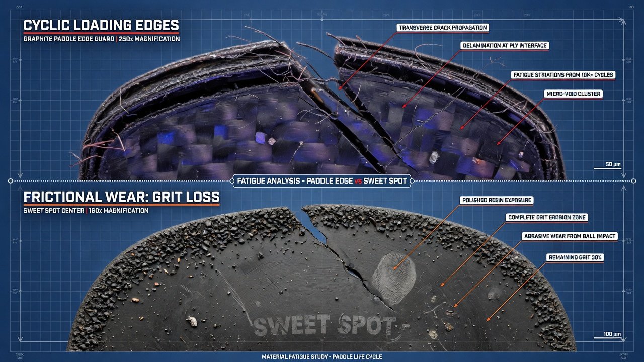 Vertical infographic comparing micro-fractures on a graphite paddle edge to frictional smoothing on a composite pickleball paddle sweet spot.