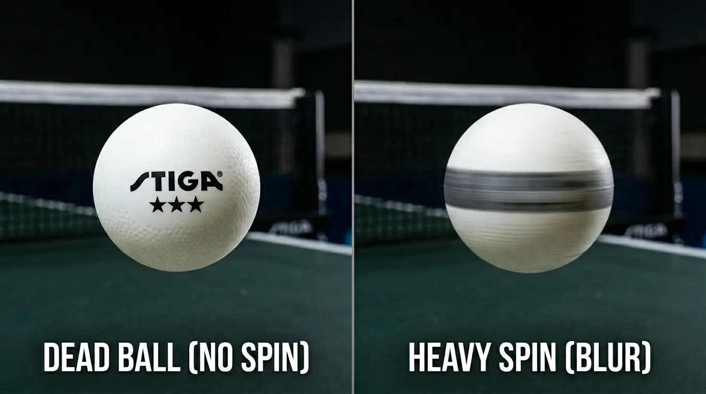Comparing a dead table tennis ball with a clear logo against a heavily spinning ball showing the logo blur effect.