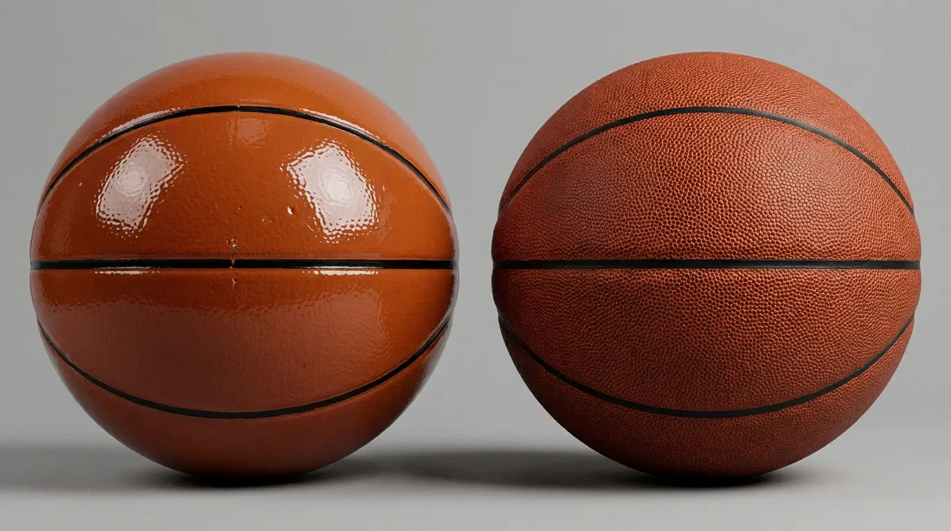 Side-by-side comparison of a traditional rubber basketball and a premium composite leather basketball.