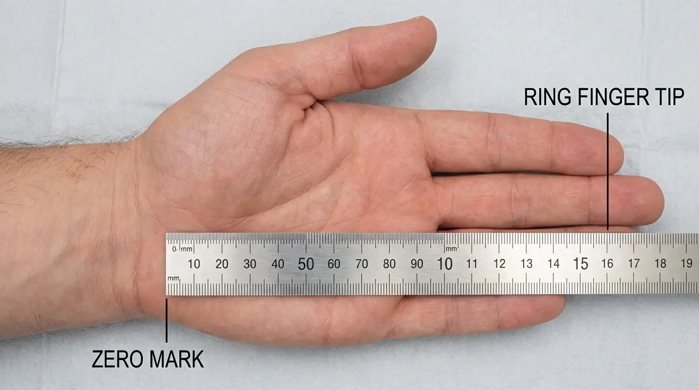 Using a ruler to measure the hand from the bottom lateral crease to the ring finger for exact tennis grip sizing.
