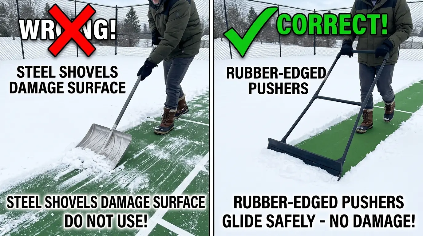Comparing a damaging metal snow shovel to a safe rubber-edged snow pusher for sports courts.