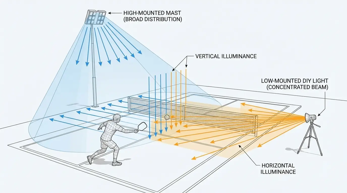 Diagram showing horizontal and vertical lux levels for backyard sports lighting.