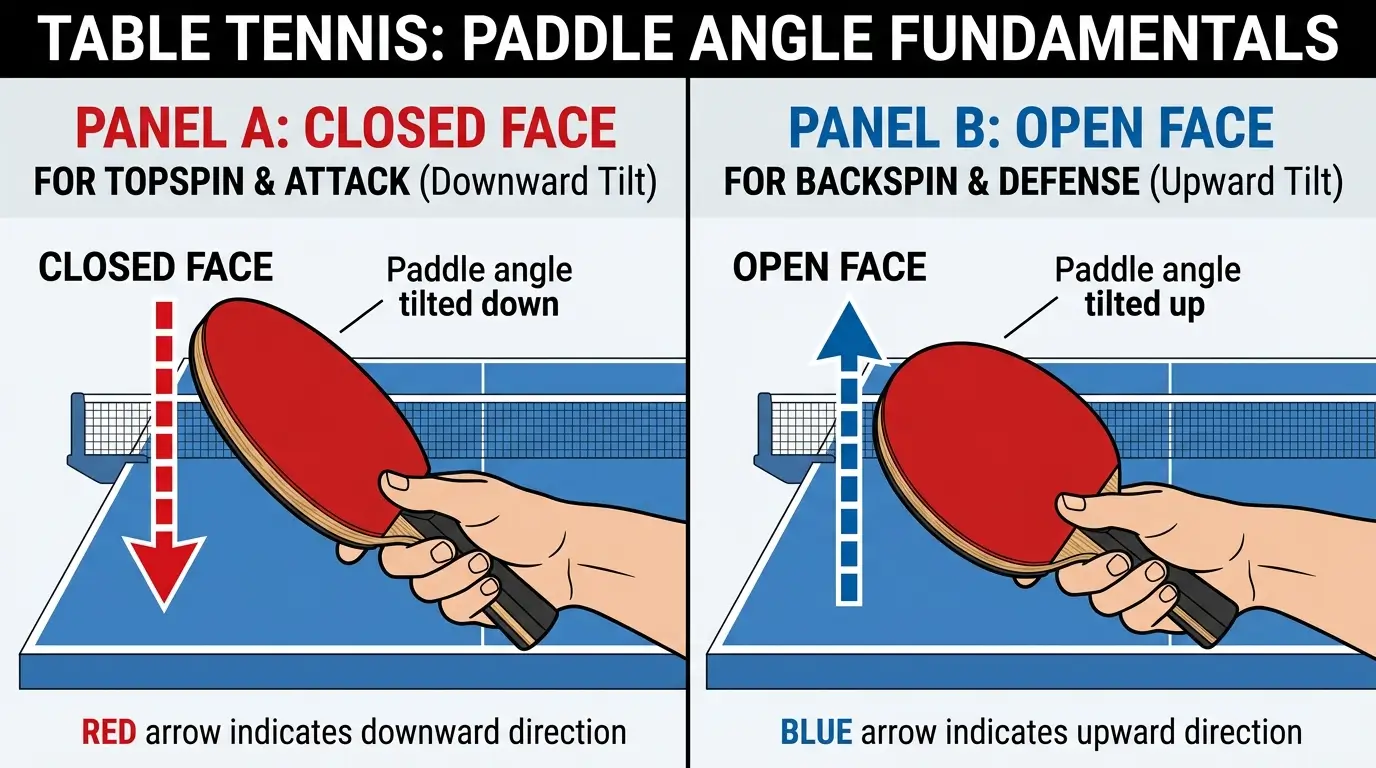 Coaching diagram showing closed racket face for topspin versus open racket face for underspin.Coaching diagram showing closed racket face for topspin versus open racket face for underspin.