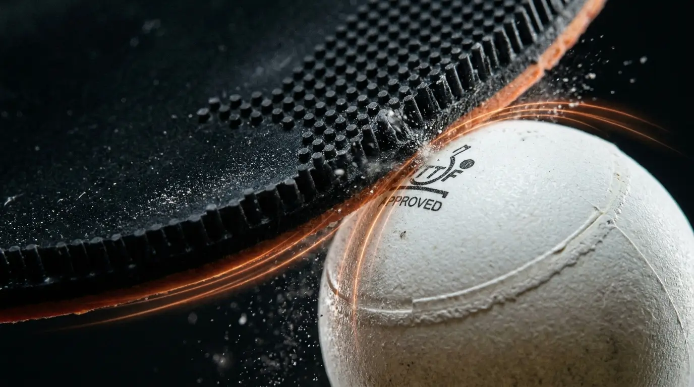 Macro view of table tennis rubber brushing a ball to create heavy rotation via tangent contact.