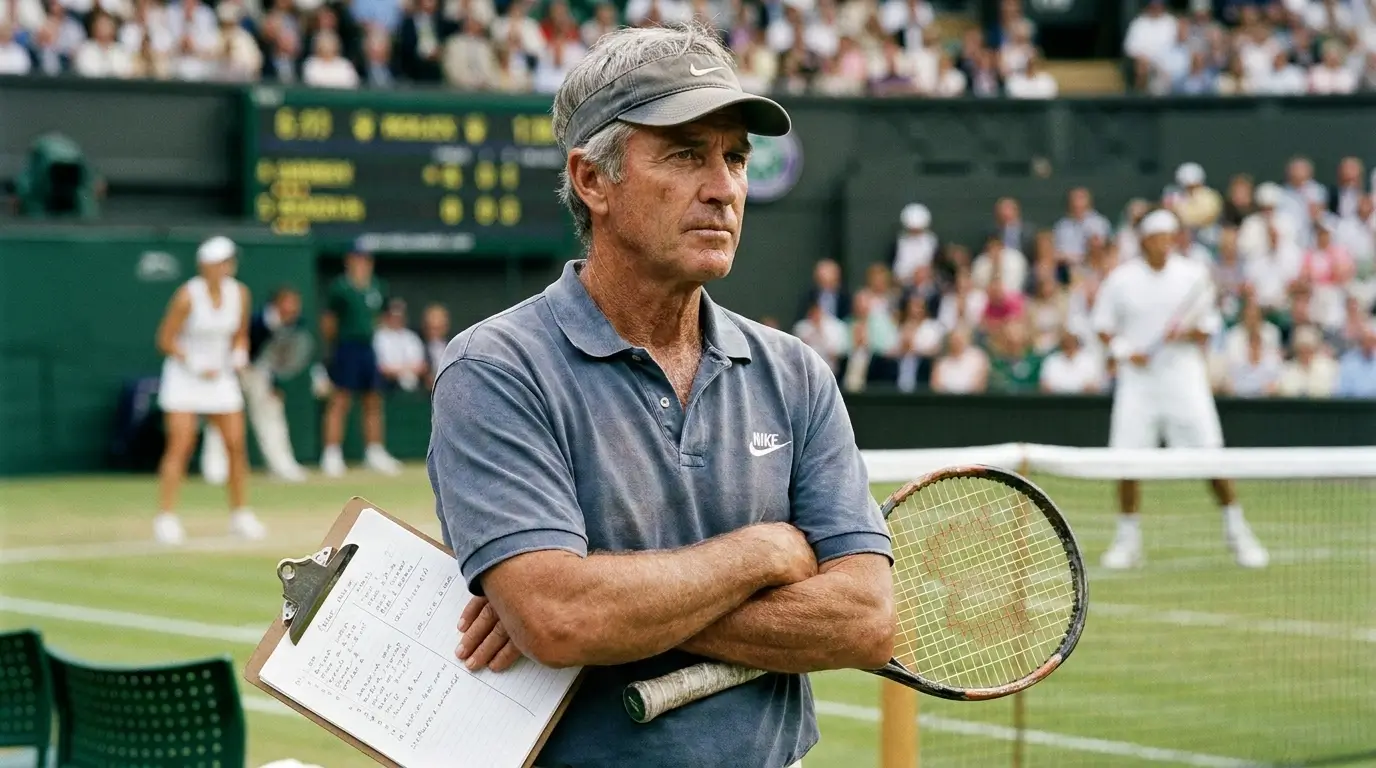 A confident tennis coach watching a player, embodying the professional knowledge that diagnosing dead strings is critical to improving player mechanics.