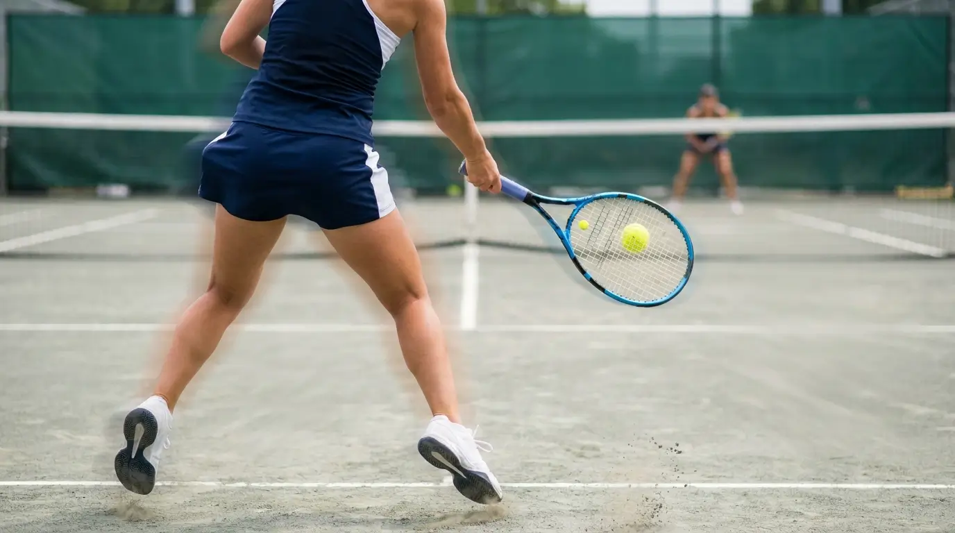 A powerful action shot of a tennis player executing a forehand winner, demonstrating the control, spin, and confidence gained from a fresh restring.
