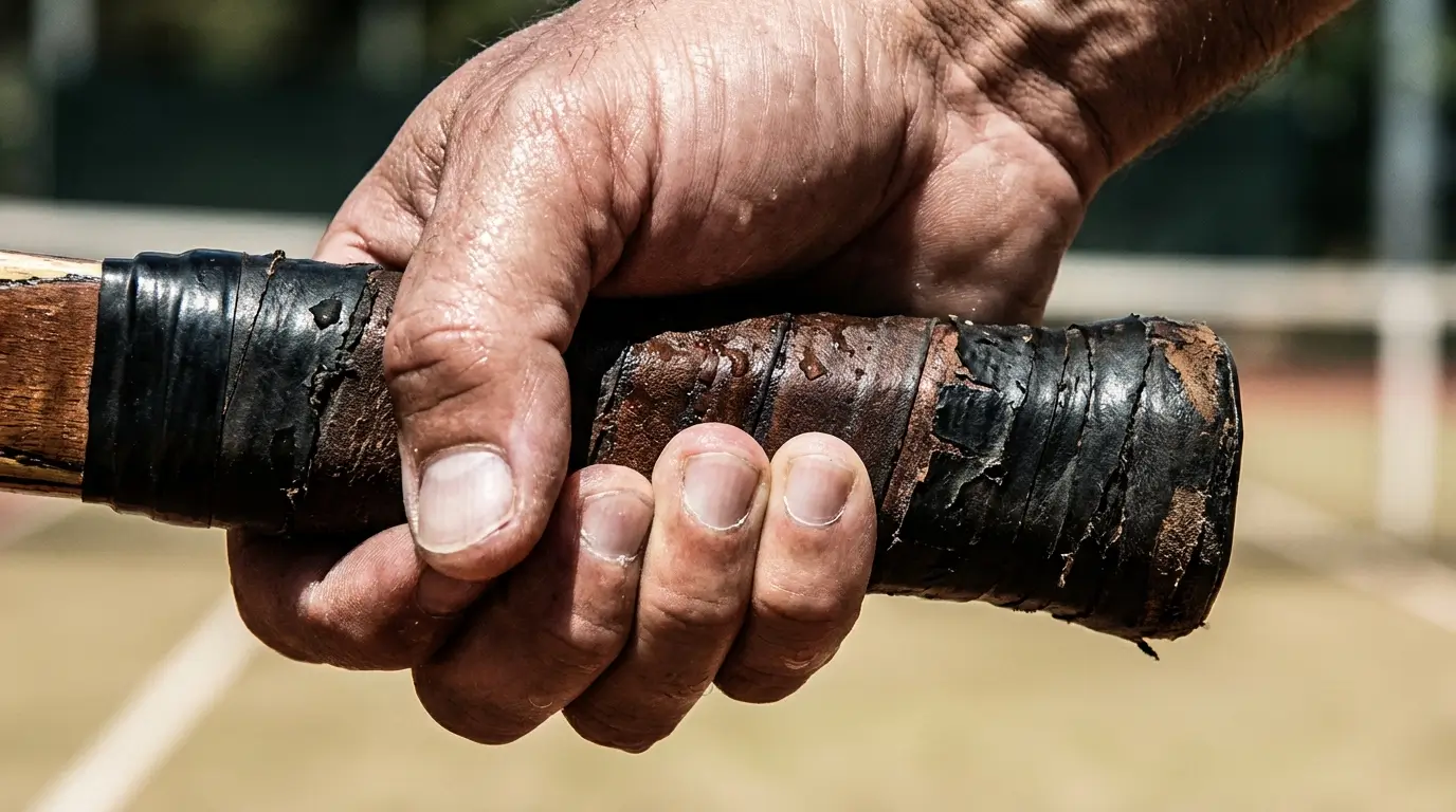Close up of a player gripping a thin tennis racket handle too tightly causing knuckles to turn white.