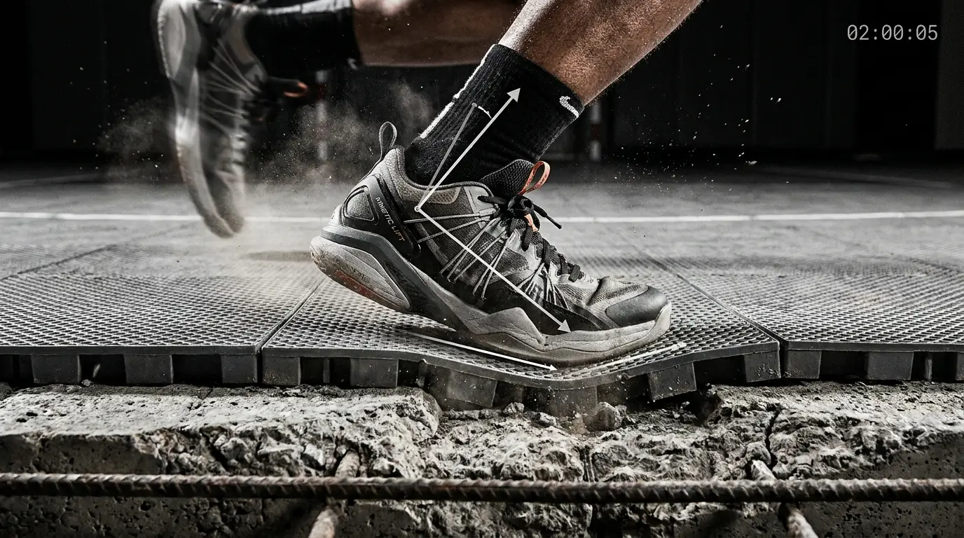 Low-angle shot showing how an uneven driveway surface can torque a player's ankle on sport tiles.