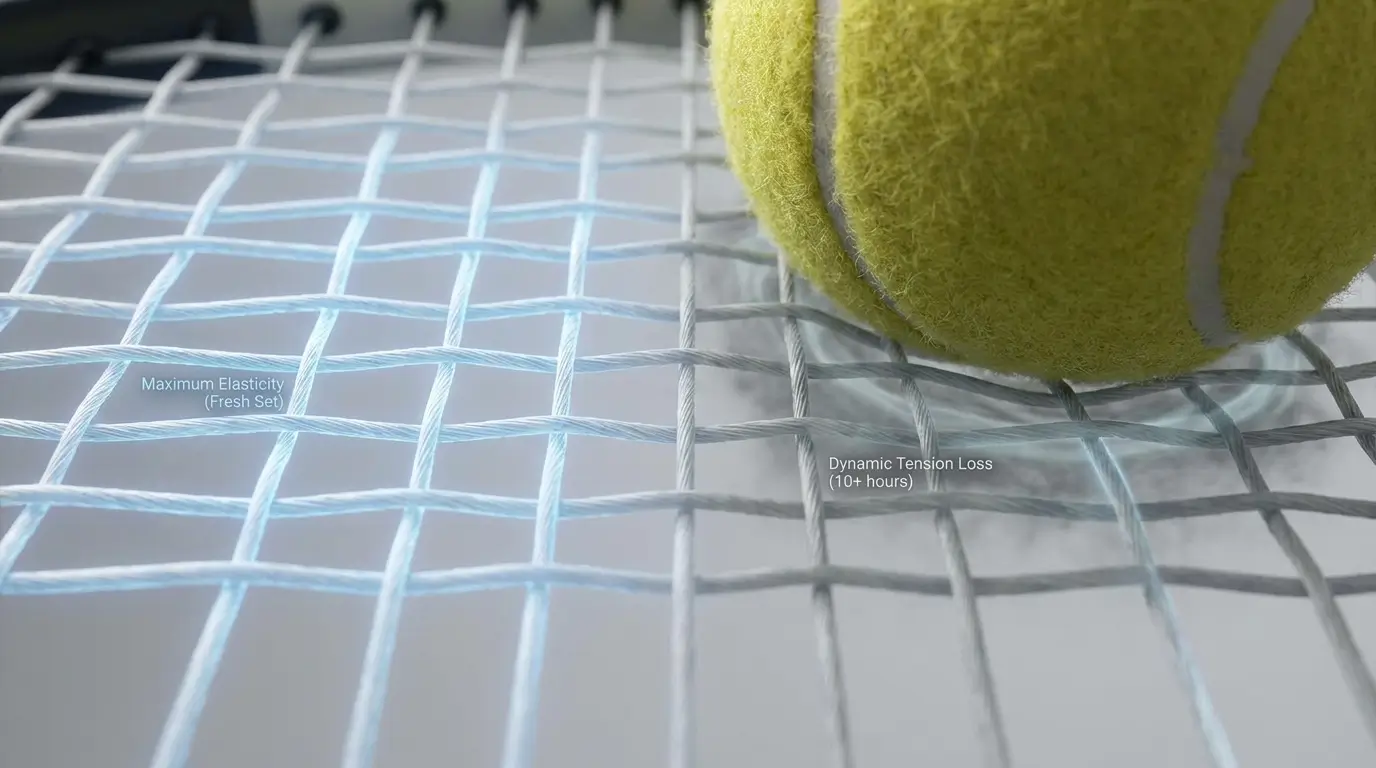 A comparative diagram showing how a fresh tennis string bed maintains elasticity versus how a dead string bed suffers tension loss and a trampoline effect.