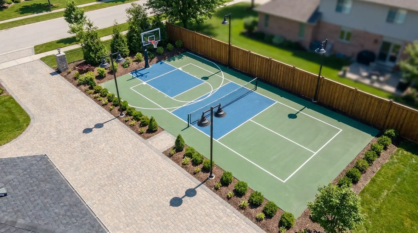 Overhead drone view of a finished driveway sport court, highlighting property lines and zoning compliance.