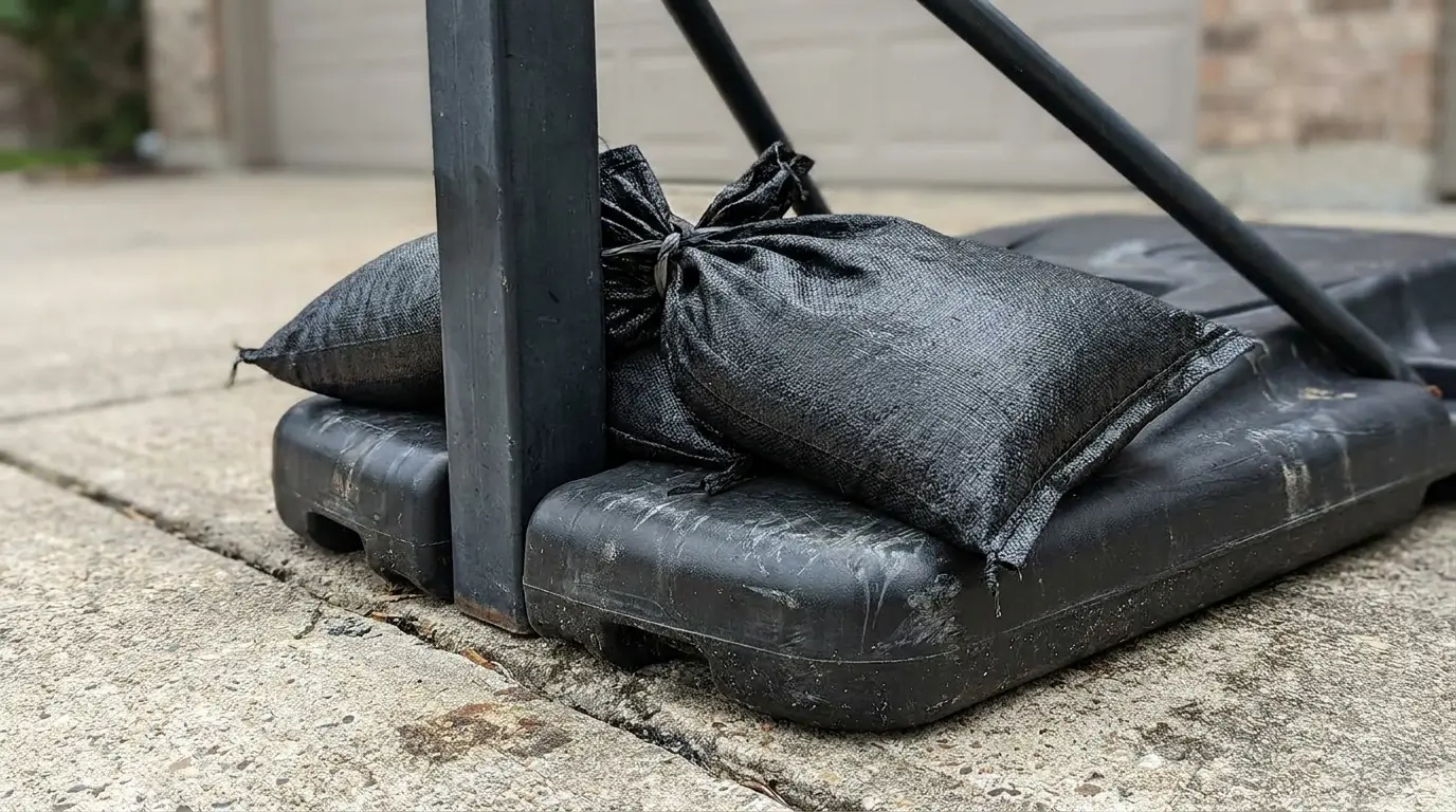 Securing the base of an outdoor portable basketball hoop using heavy black sandbags to prevent wind wobbling.