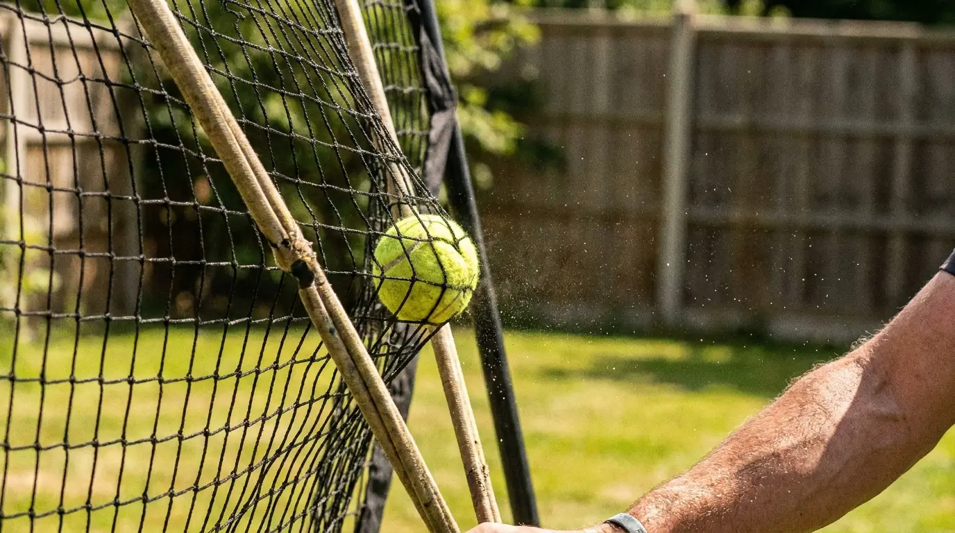 Close up action shot of a tennis ball impacting the elastic net of an outdoor rebounder during solo practice.