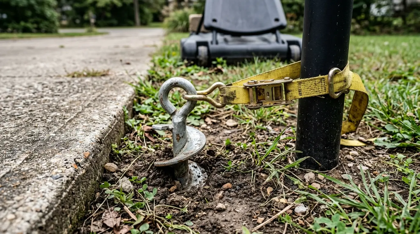 Heavy-duty metal ground anchors and ratchet straps securing a basketball hoop pole to the dirt beside a driveway.